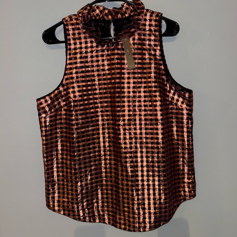J. Crew NEW Unique Ruffle neck Sleeveless Top Metallic Copper Navy Gingham Sz M
